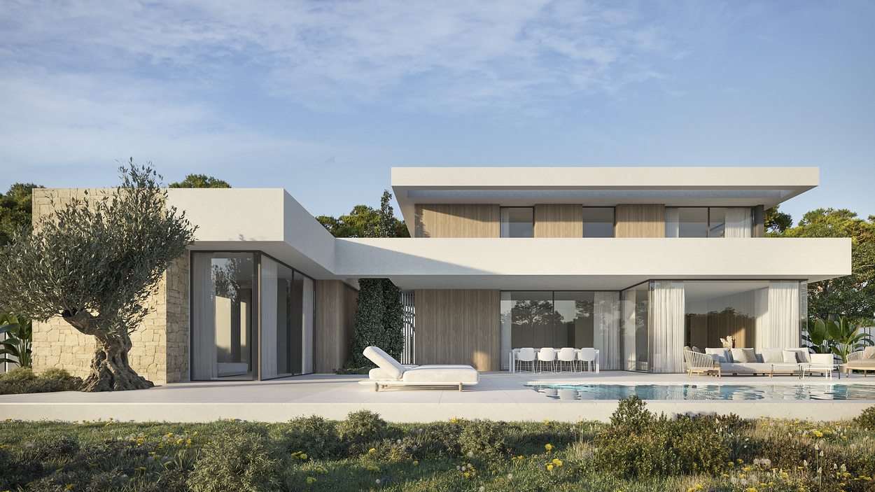 Façade de villa moderne sur deux niveaux alliant pierre naturelle, bois et crépis blanc. Comprend une piscine privée, une terrasse ensoleillée et un jardin paysager avec olivier.