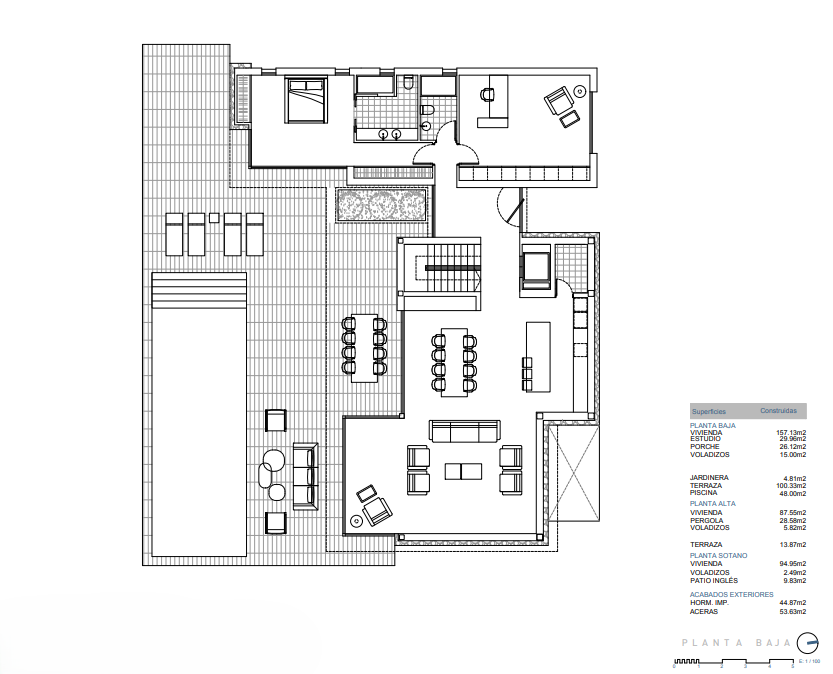Plan d'architecte détaillé du rez-de-chaussée illustrant le salon ouvert, la suite parentale, le bureau et la grande terrasse avec piscine.