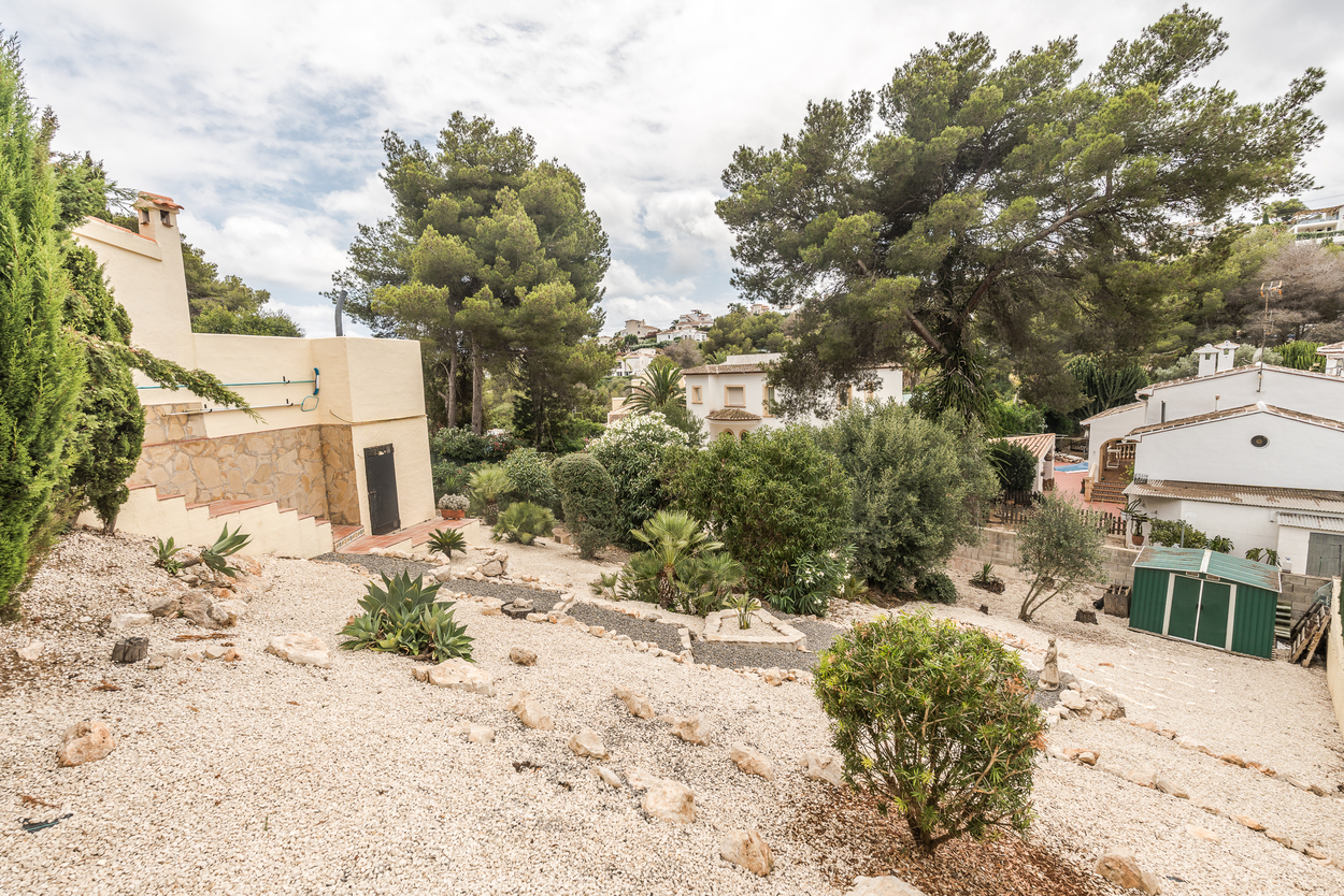 Jardin méditerranéen en terrasses avec gravier, agaves et un abri de jardin vert, offrant une vue sur les pins matures et les propriétés voisines.