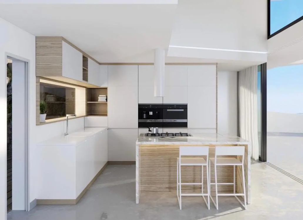 Cuisine design minimaliste avec îlot en marbre, hotte cylindrique et appareils intégrés, alliant finitions blanches et détails en bois de chêne naturel.