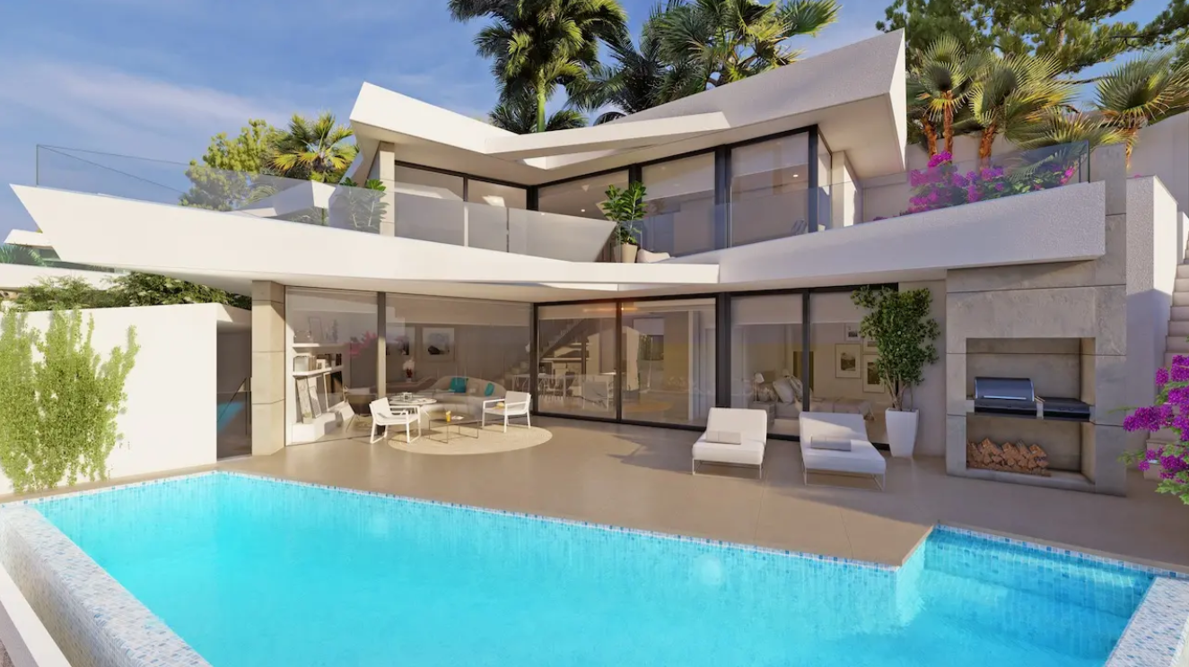 Extérieur de villa moderne avec piscine à débordement, barbecue en pierre intégré et terrasse spacieuse équipée de mobilier de détente et baies vitrées.