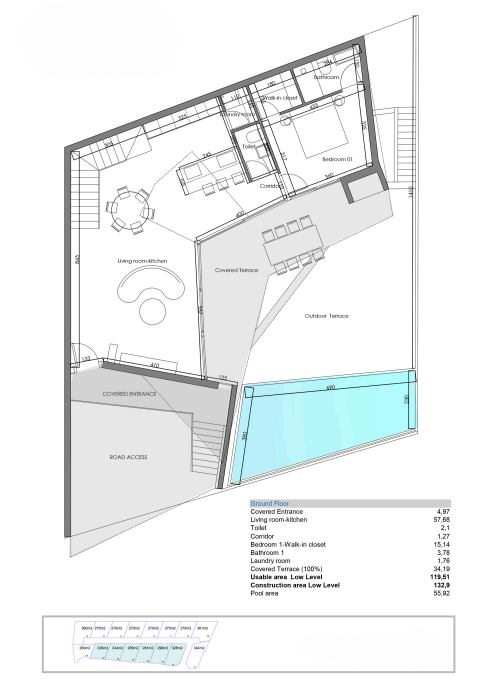 Plan d'architecte du rez-de-chaussée comprenant un séjour ouvert, une suite parentale avec dressing et une vaste terrasse avec piscine privée de 55 m².