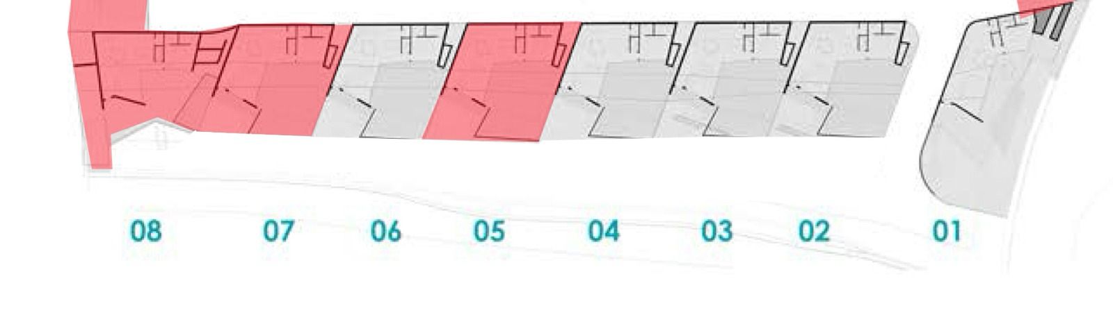 Plan de masse illustrant la disposition des lots 01 à 08, avec les parcelles disponibles marquées en rouge au sein du complexe résidentiel.