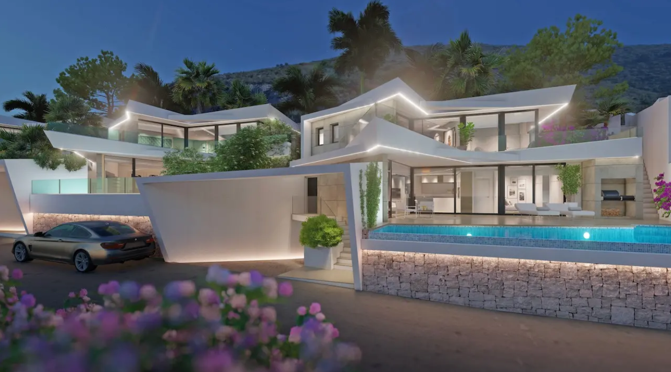 Villa moderne à plusieurs niveaux avec architecture géométrique blanche, éclairage LED intégré, piscine à débordement et murs en pierre naturelle en soirée.