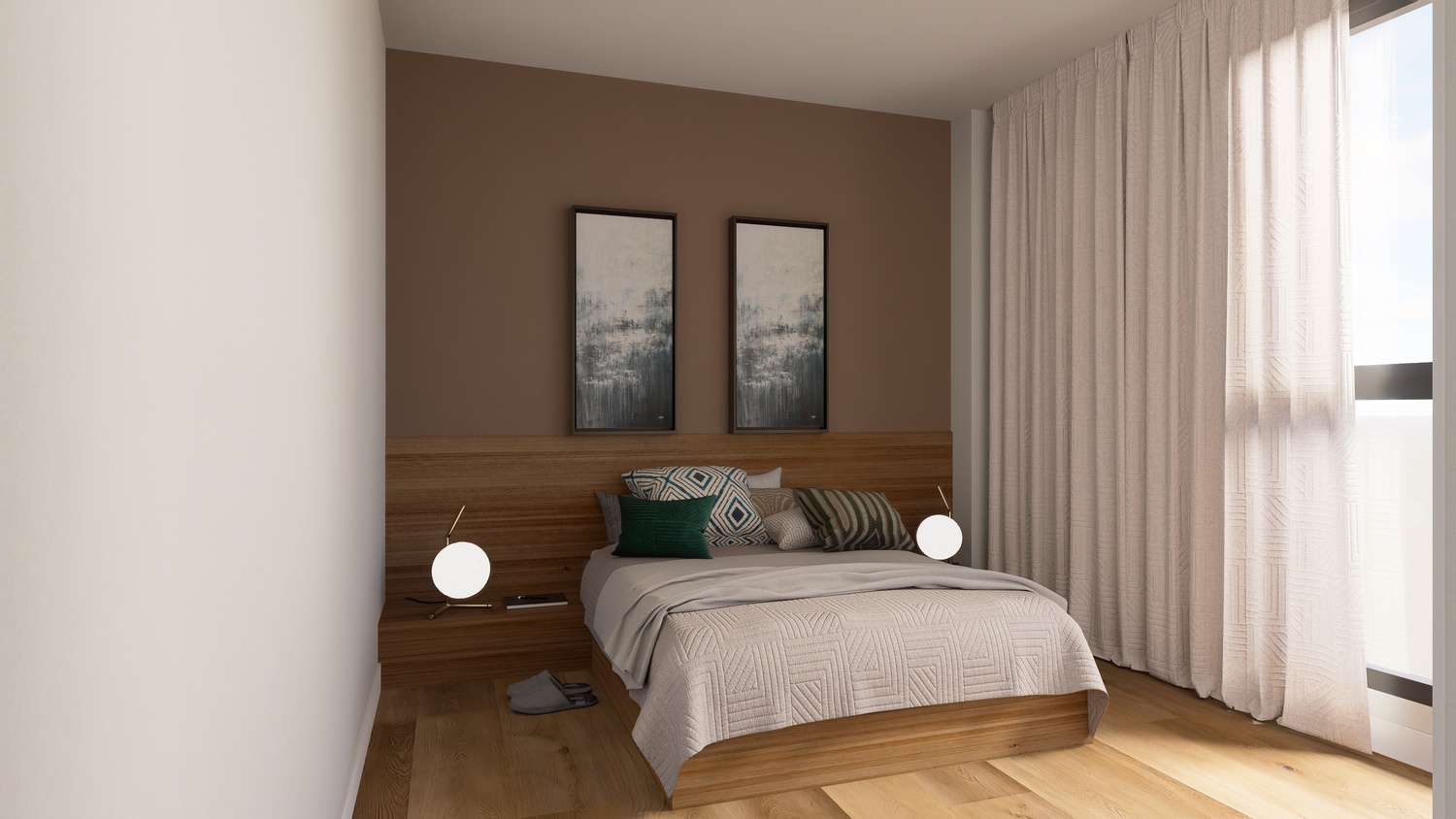 Chambre avec tête de lit intégrée en bois, mur d'accent terreux et rideaux pleine hauteur. Sol en bois naturel et lampes de chevet sphériques au design contemporain.