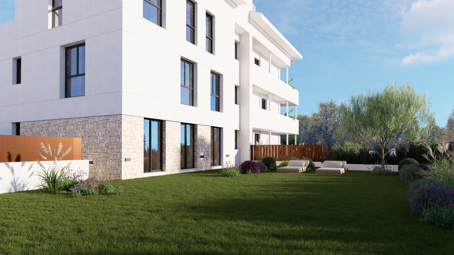 Façade blanche moderne avec soubassement en pierre naturelle, offrant un jardin privé avec pelouse soignée et espace de détente extérieur.