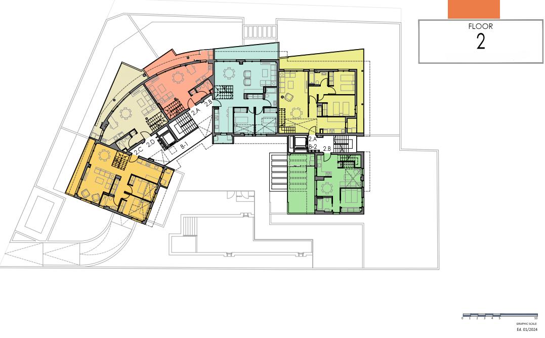 Plan d'architecte du deuxième étage illustrant la distribution de cinq appartements avec terrasses, escaliers intérieurs et zones d'accès communes.