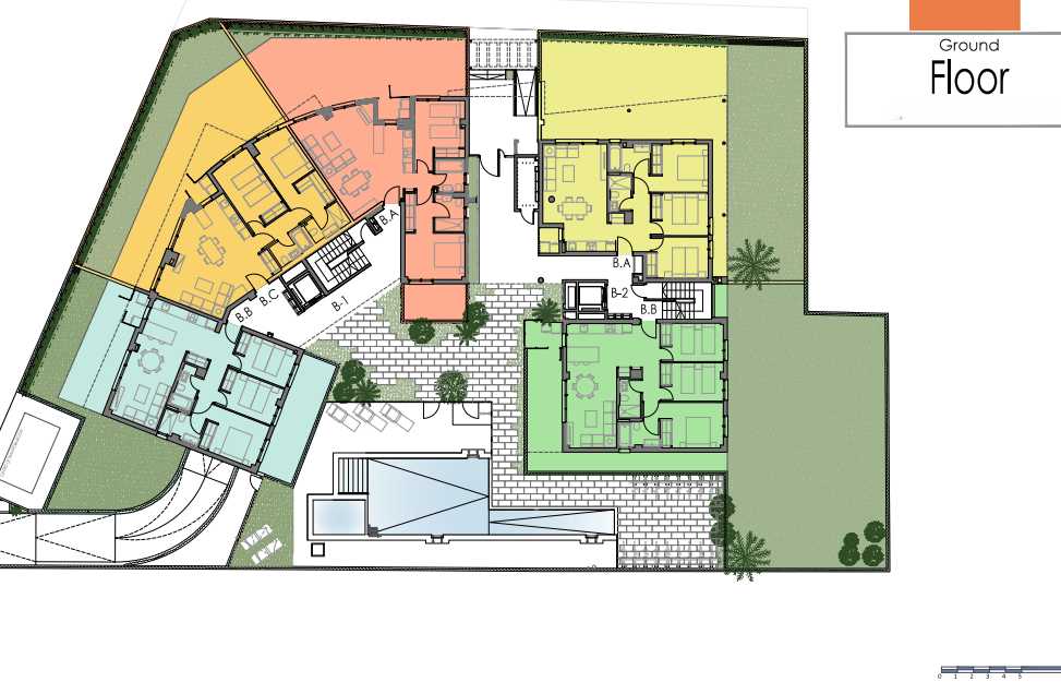 Plan de masse du rez-de-chaussée détaillant l'agencement des appartements, les jardins privatifs et l'espace piscine commune avec ses terrasses.