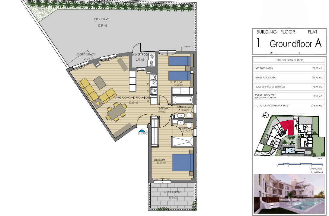 Plan technique du rez-de-chaussée A, Bâtiment 1, présentant 2 chambres, 2 salles de bain et une vaste terrasse ouverte de 50 m² avec un séjour ouvert.