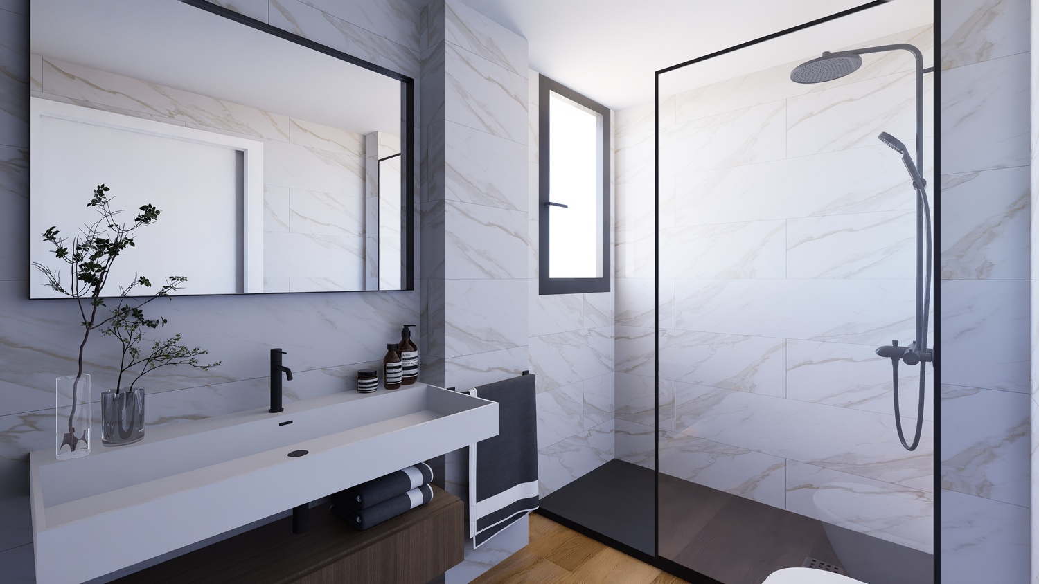 Salle de bain contemporaine avec carrelage effet marbre, douche à l'italienne à cadre noir et vasque intégrée sur un meuble suspendu en bois.