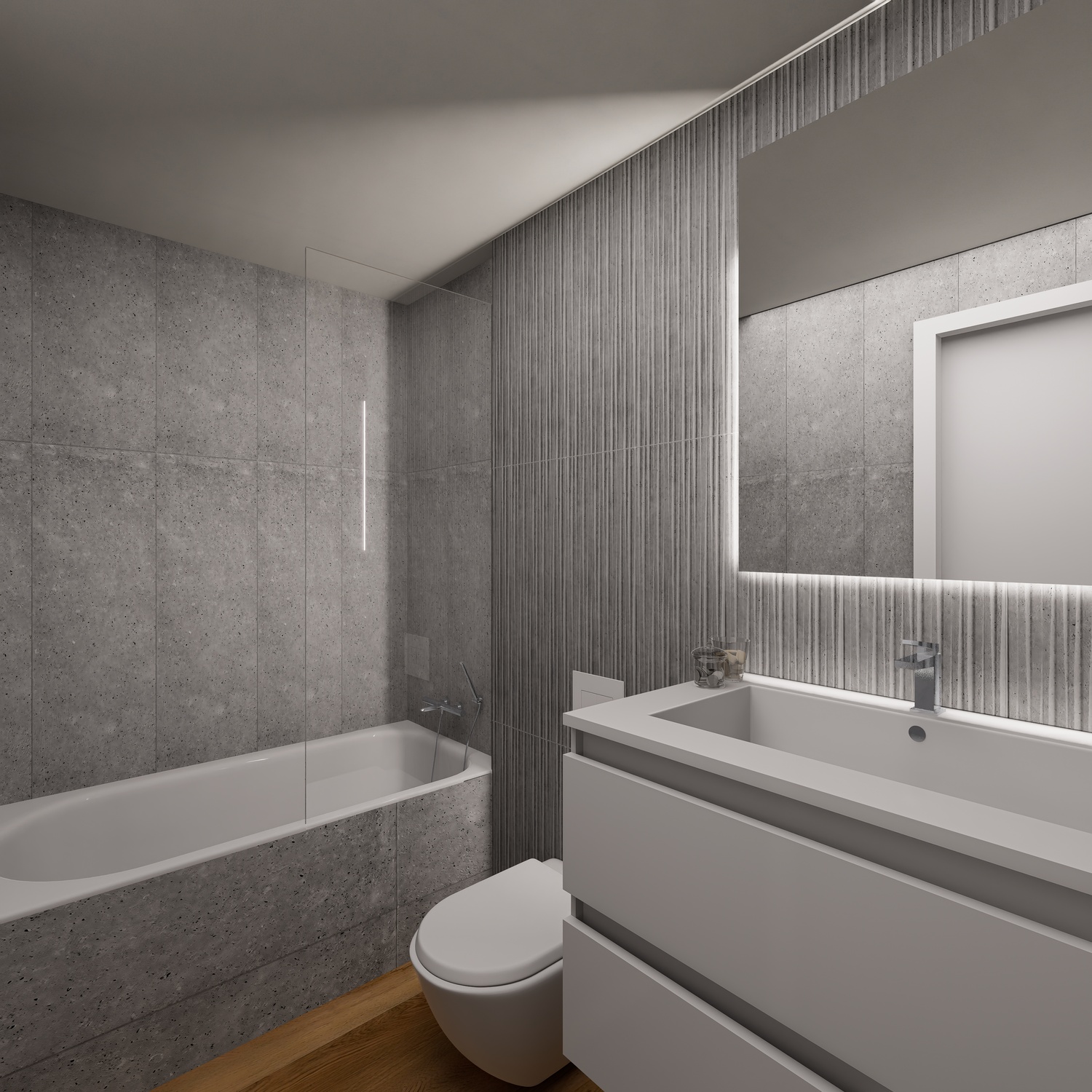 Salle de bain moderne avec carrelage effet pierre grise, mur texturé et meuble vasque suspendu. Comprend une baignoire avec paroi vitrée et un miroir rétroéclairé par LED.