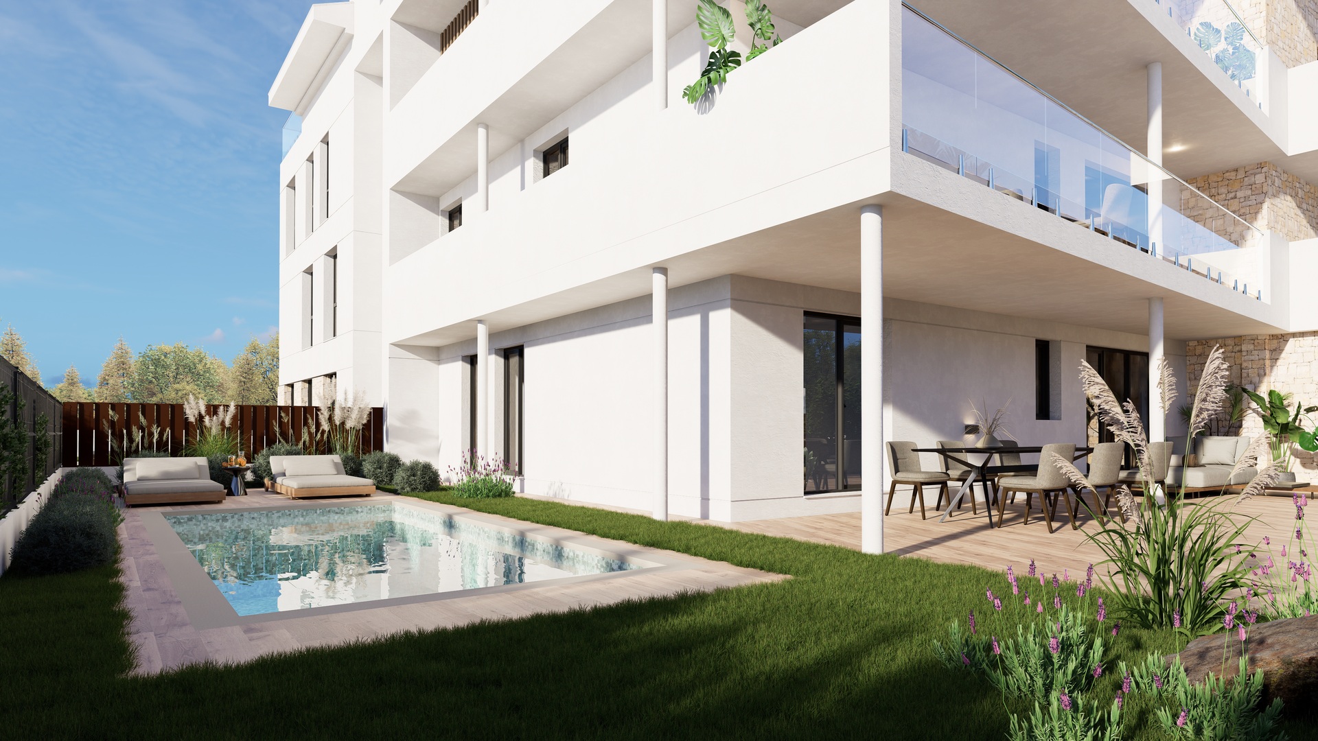 Vue extérieure d'un appartement en rez-de-chaussée avec piscine privée, terrasse en bois, coin repas et jardin méditerranéen aménagé.