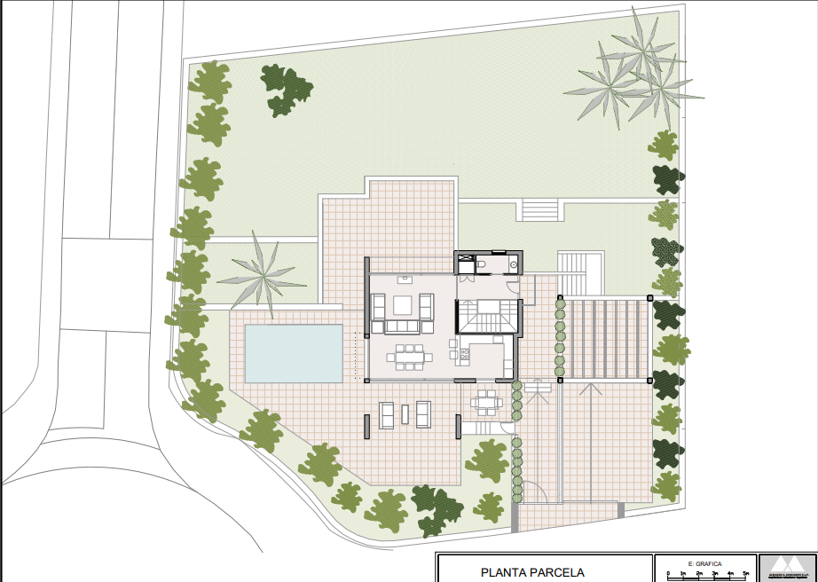 Plan de masse de la parcelle de 1 000 m² illustrant l'implantation de la villa, la piscine privée, les terrasses spacieuses et les zones de jardin paysager.