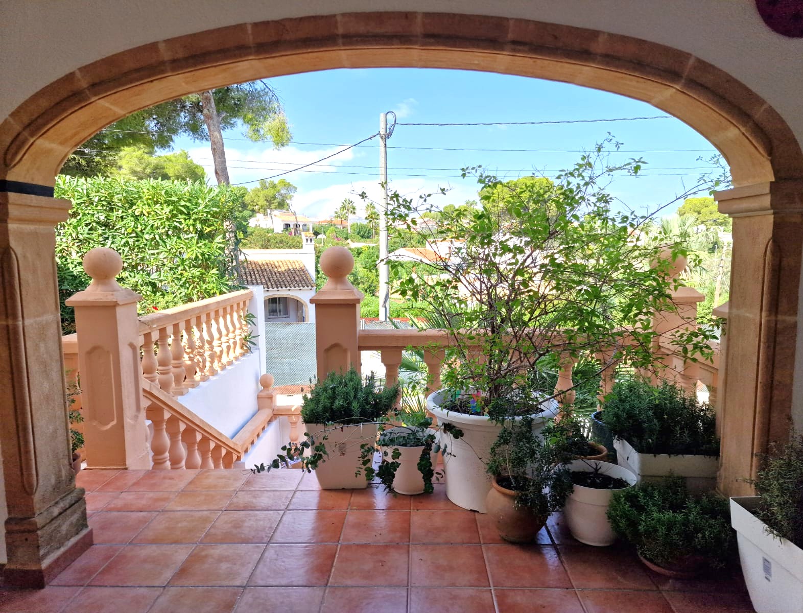 Terrasse encadrée par une arche en pierre de Tosca, dotée d'un sol en terre cuite, de plantes en pots et d'une vue sur la végétation environnante.