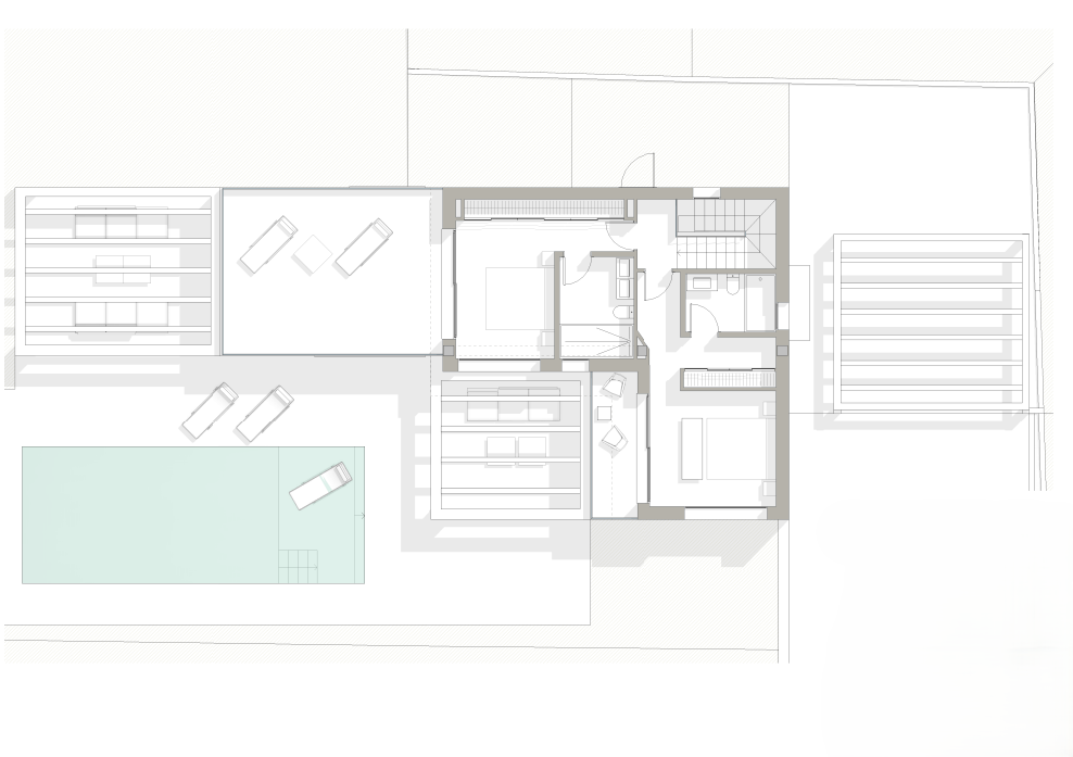 Plan d'architecte détaillé de la villa illustrant l'agencement intérieur, la piscine, les vastes terrasses avec pergolas et les chambres avec salles de bains.