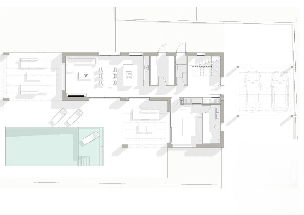 Plan d'architecte du rez-de-chaussée montrant l'espace de vie ouvert, une suite parentale, des terrasses couvertes, la piscine et un double abri pour voitures.