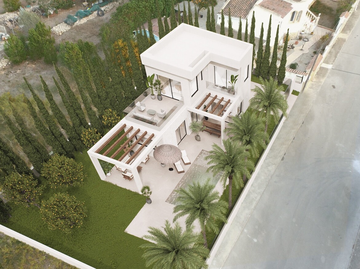 Rendu aérien d'une villa moderne à deux étages avec façades blanches, pergolas en bois, piscine privée et jardin paysager bordé de palmiers et cyprès.