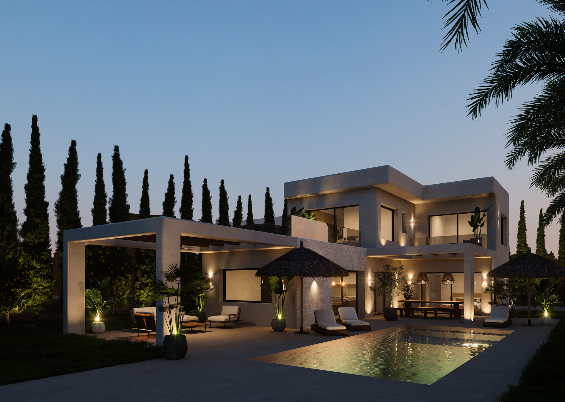 Rendu de la villa au crépuscule avec piscine éclairée, terrasses couvertes, salons extérieurs et jardin méditerranéen bordé de grands cyprès.
