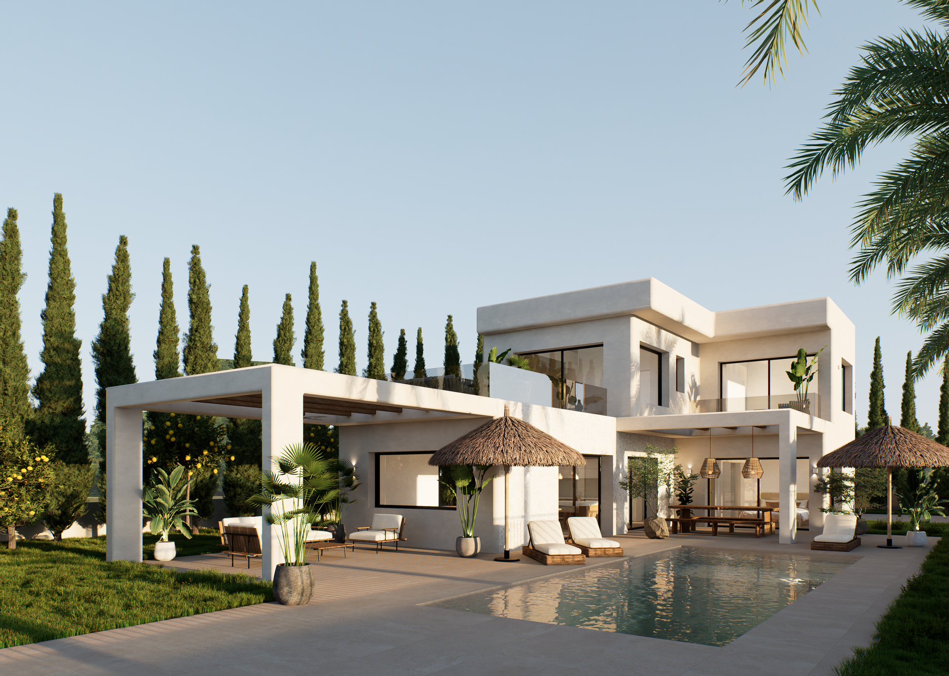 Vue extérieure de la villa moderne comprenant une piscine, des parasols en paille, des terrasses couvertes et un jardin méditerranéen avec cyprès et citronniers.