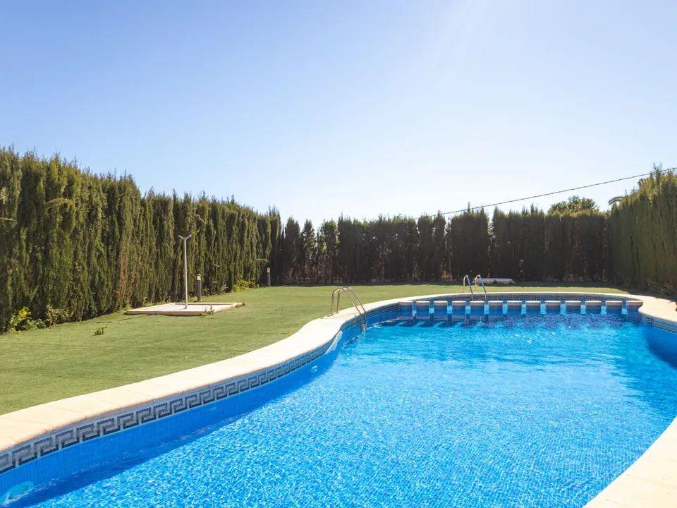 Piscine communautaire aux formes arrondies avec mosaïque bleue, entourée d'une pelouse et d'une haute haie de cyprès assurant une parfaite intimité.