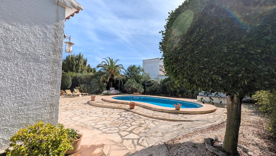Piscine privée de forme haricot entourée d'un dallage en pierre naturelle et d'un jardin méditerranéen arboré avec des palmiers.