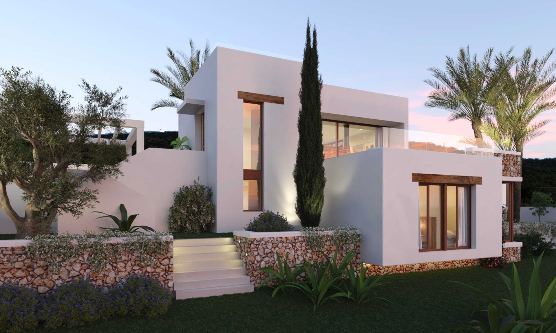 Extérieur d'une villa moderne avec façades blanches, murs en pierre naturelle et menuiseries en bois. Terrasse supérieure vitrée et jardin paysager avec éclairage nocturne.