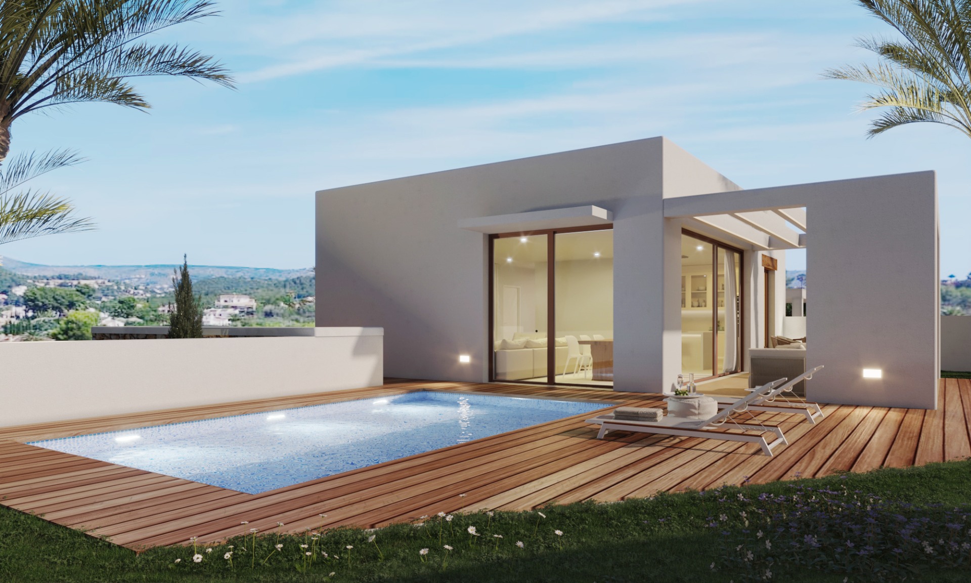 Villa moderne avec piscine rectangulaire et terrasse en bois. L'architecture épurée intègre de grandes baies vitrées offrant une vue dégagée sur le paysage de Jávea.