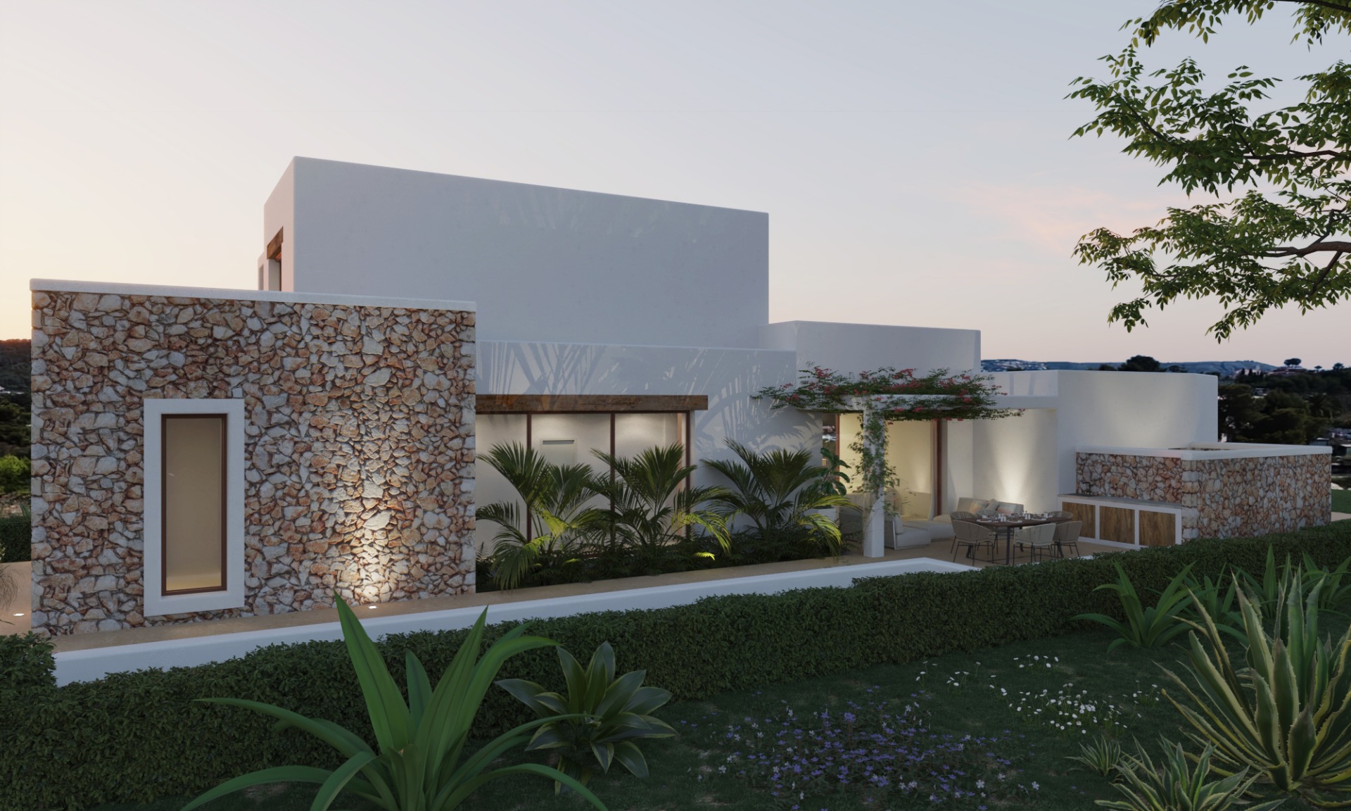 Extérieur de villa moderne avec murs en pierre sèche, façades blanches et jardin paysager. Comprend un coin repas extérieur sous pergola et un éclairage intégré au crépuscule.
