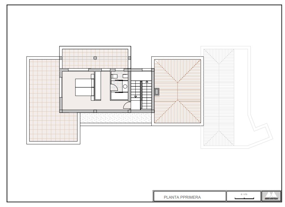 Plan d'architecte du premier étage présentant une suite parentale avec salle de bain, un escalier d'accès et de vastes terrasses privatives.