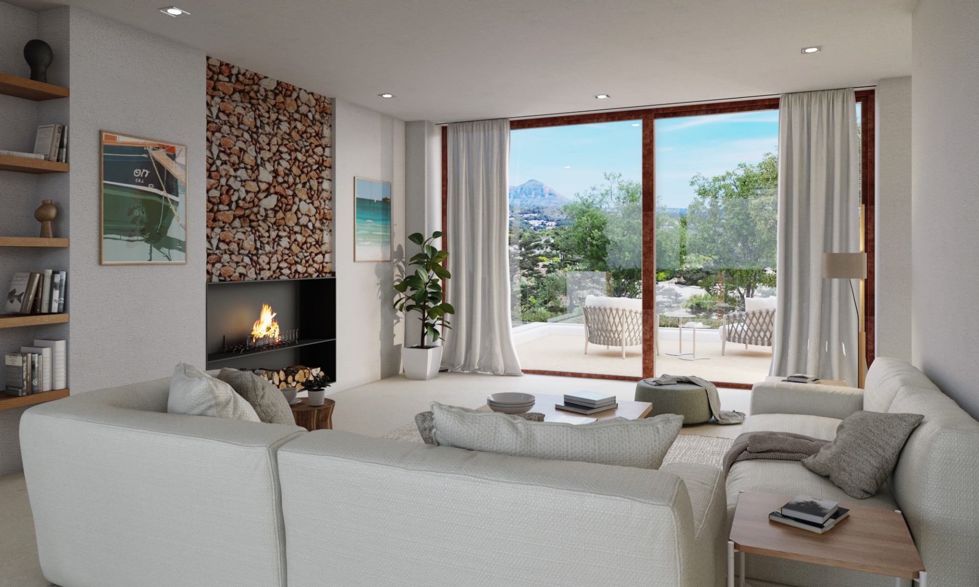 Salon contemporain avec cheminée encastrée sur mur en pierre naturelle, doté de grandes baies vitrées ouvrant sur une terrasse avec vue sur le Montgó.