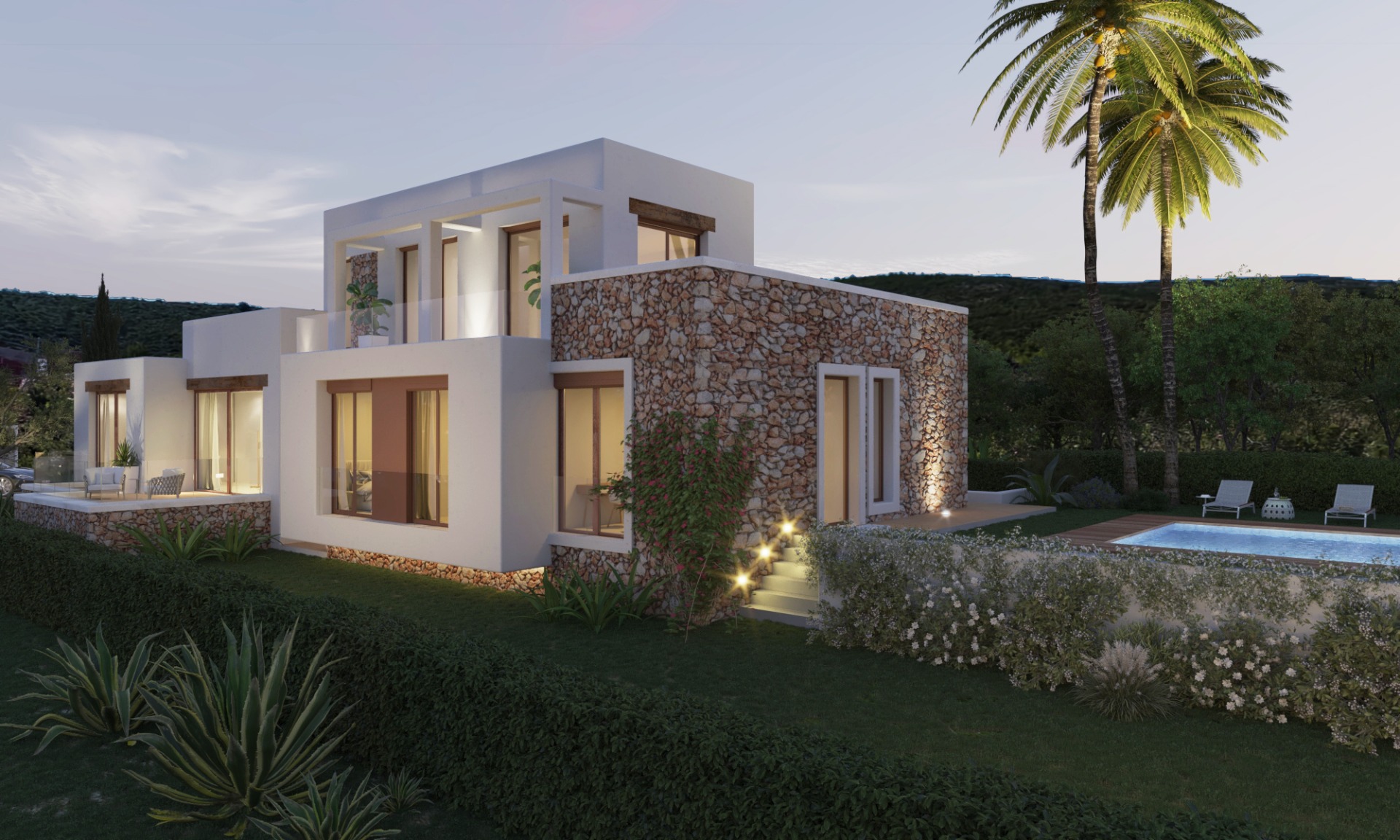 Vue extérieure d'une villa méditerranéenne moderne avec murs en pierre naturelle, enduit blanc, éclairage intégré, piscine privée avec terrasse en bois et jardin paysager.