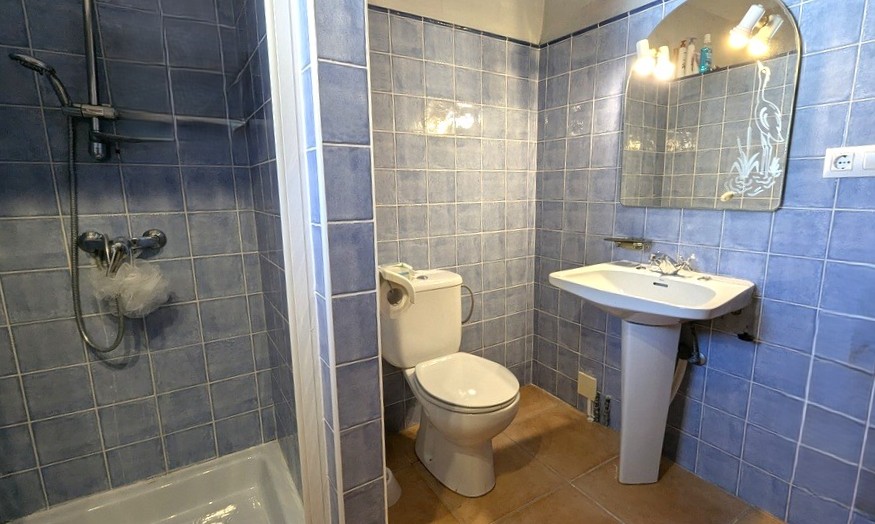 Salle de bain fonctionnelle avec carrelage mural bleu, douche à l'italienne, lavabo sur colonne et miroir cintré avec gravure décorative et éclairage intégré.