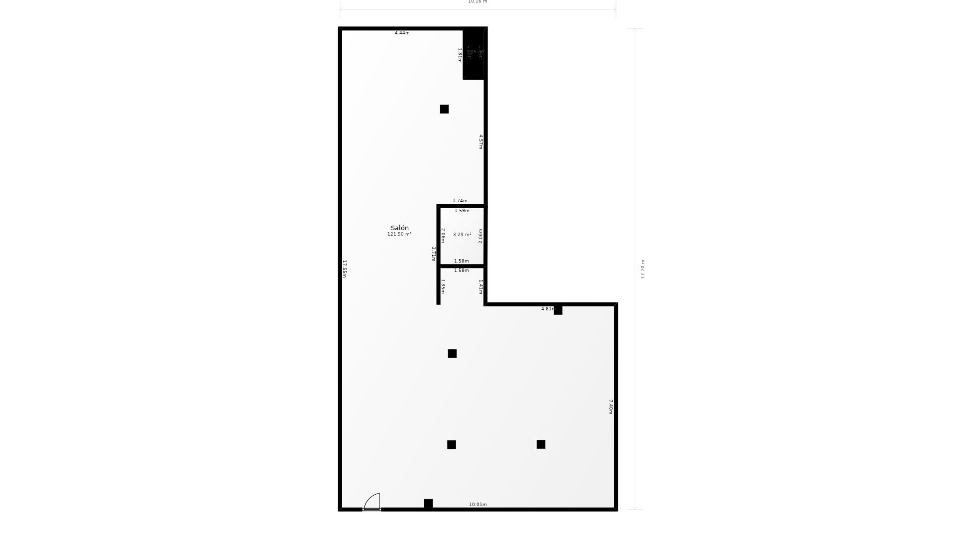 Plan technique détaillé montrant l'aménagement en forme de L, avec les dimensions précises et les piliers structurels du local commercial.