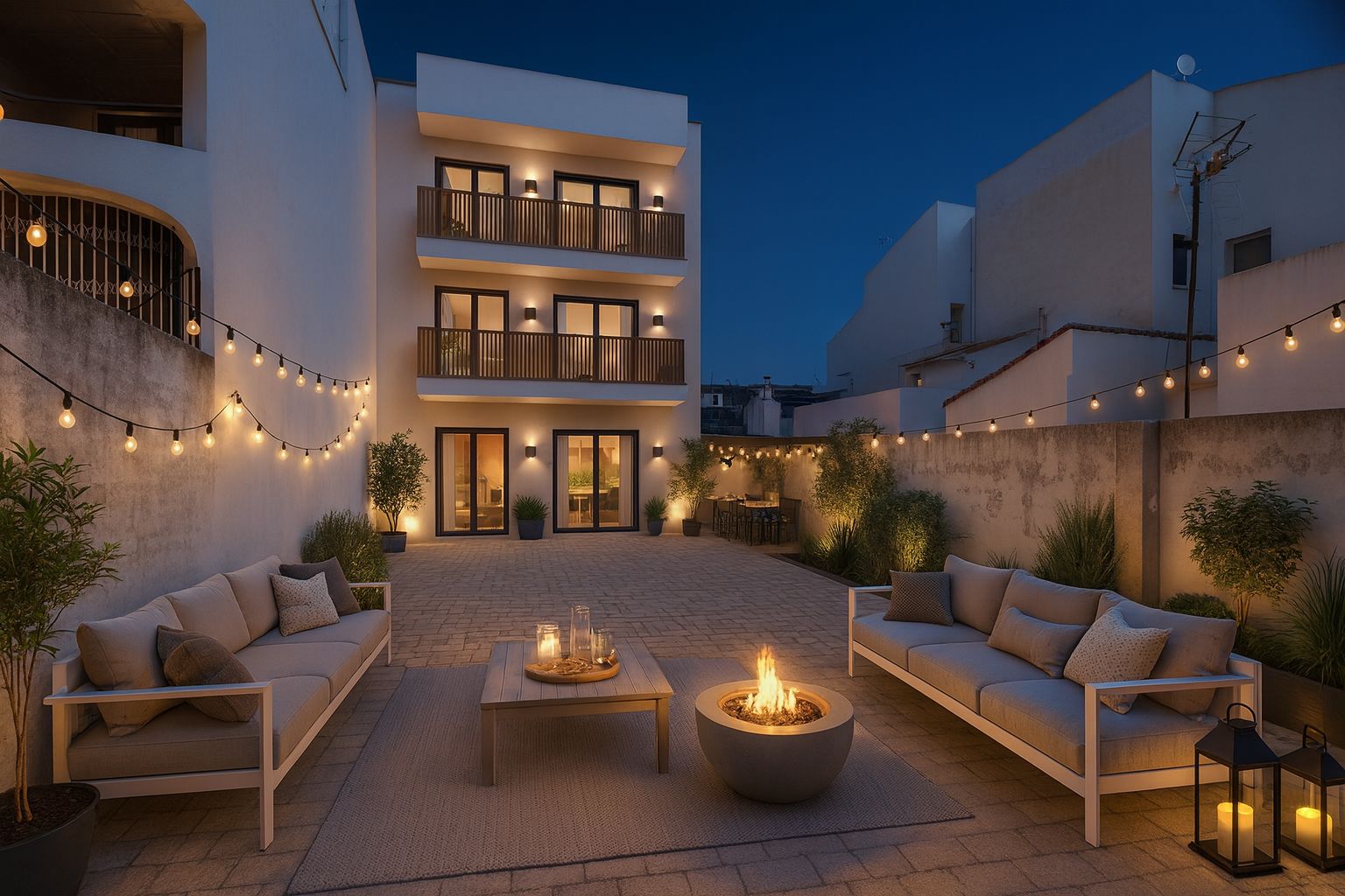 Cour intérieure pavée avec salon de jardin, brasero et guirlandes lumineuses. La façade blanche du bâtiment présente des balcons modernes et des menuiseries sombres.