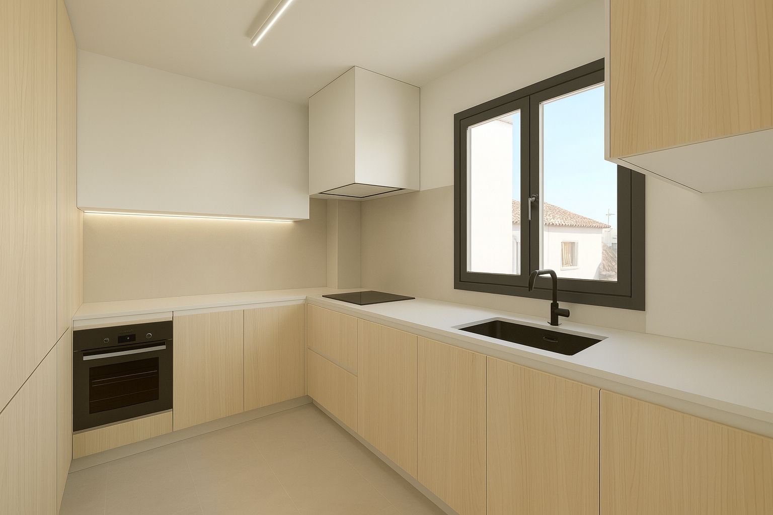 Cuisine minimaliste avec placards en bois clair, plan de travail blanc et robinetterie noire. L'éclairage LED intégré et la fenêtre offrent une luminosité optimale.