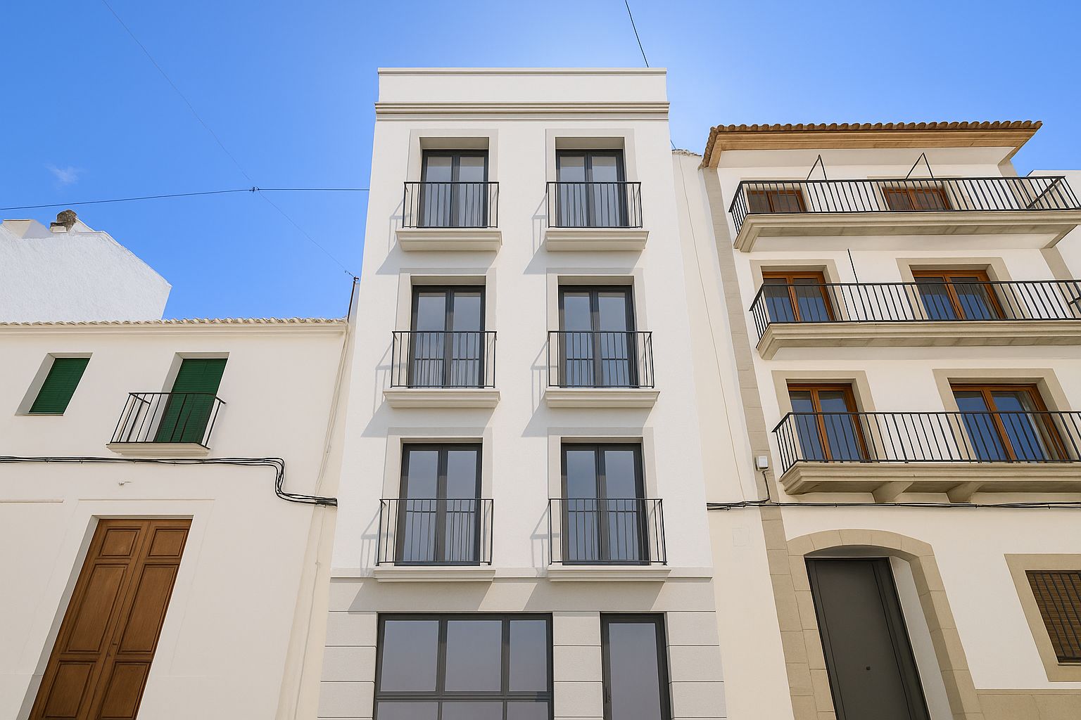 Façade extérieure de quatre étages avec balcons en fer forgé noir et grandes baies vitrées au rez-de-chaussée, située au cœur de Jávea.