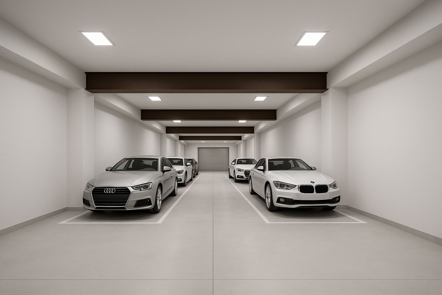 Grand garage intérieur avec poutres apparentes, éclairage LED encastré et places de stationnement délimitées, offrant un design épuré et fonctionnel.