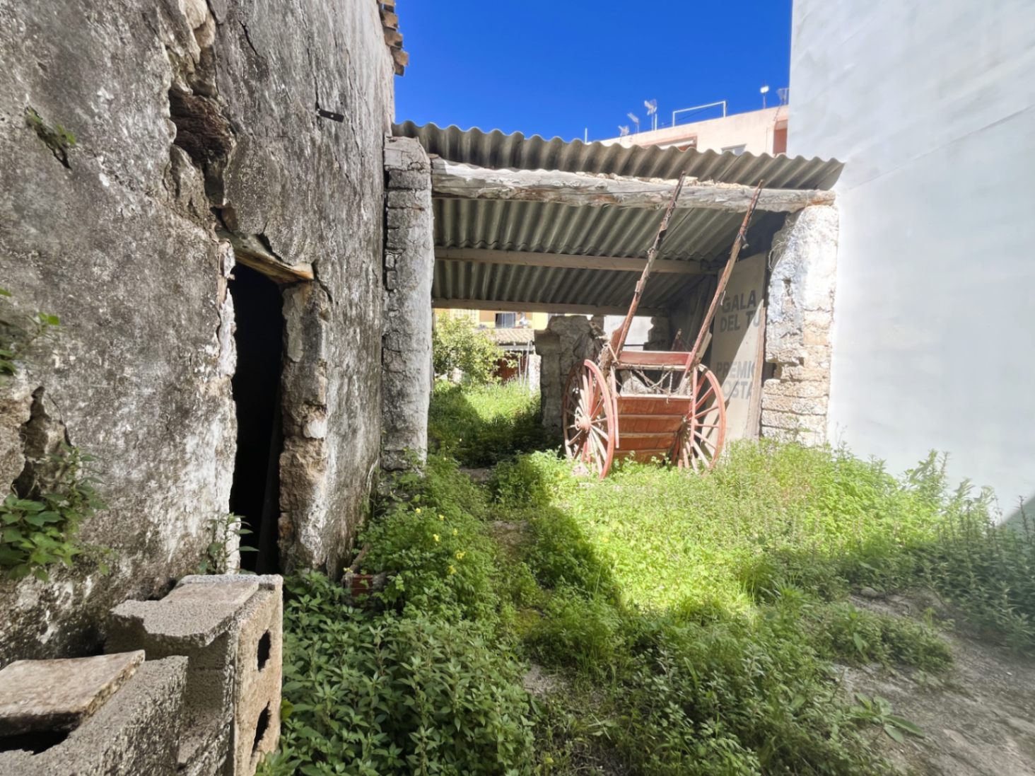 Cour arrière rustique avec murs en pierre d'origine, végétation sauvage et une ancienne charrette en bois sous un abri, illustrant le caractère historique de la demeure.