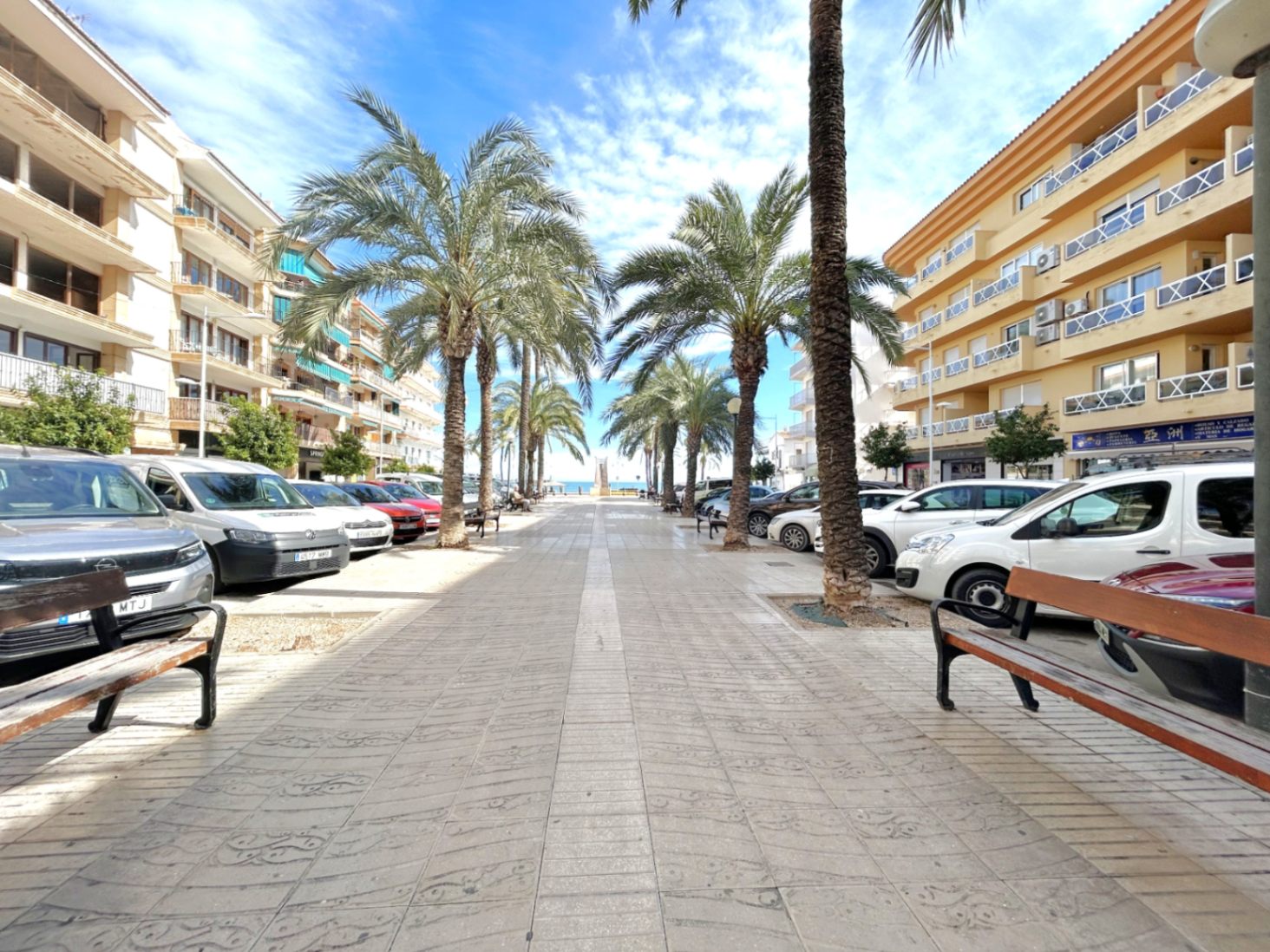 Promenade piétonne pavée bordée de hauts palmiers et d'immeubles résidentiels, avec des bancs en bois et une vue dégagée sur la mer au loin.