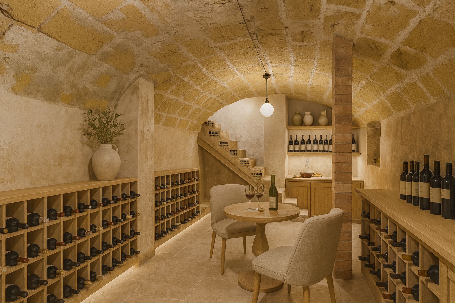 Cave à vin en sous-sol avec plafonds voûtés en pierre tosca, étagères en bois intégrées avec éclairage LED et un espace de dégustation central.