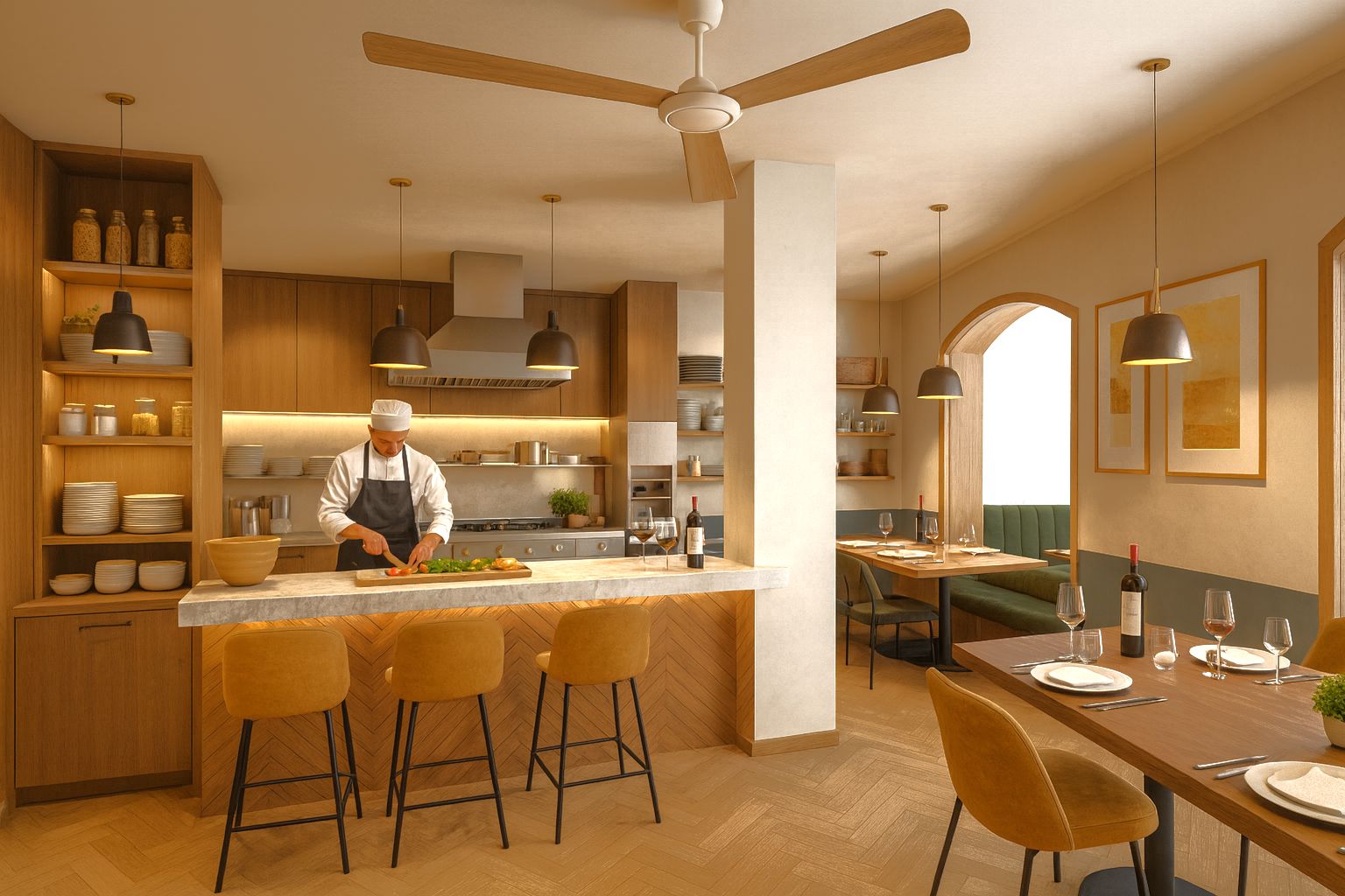 Cuisine ouverte de designer avec comptoir en marbre, soubassement en bois à chevrons et salle à manger intégrée sous un éclairage suspendu chaleureux.