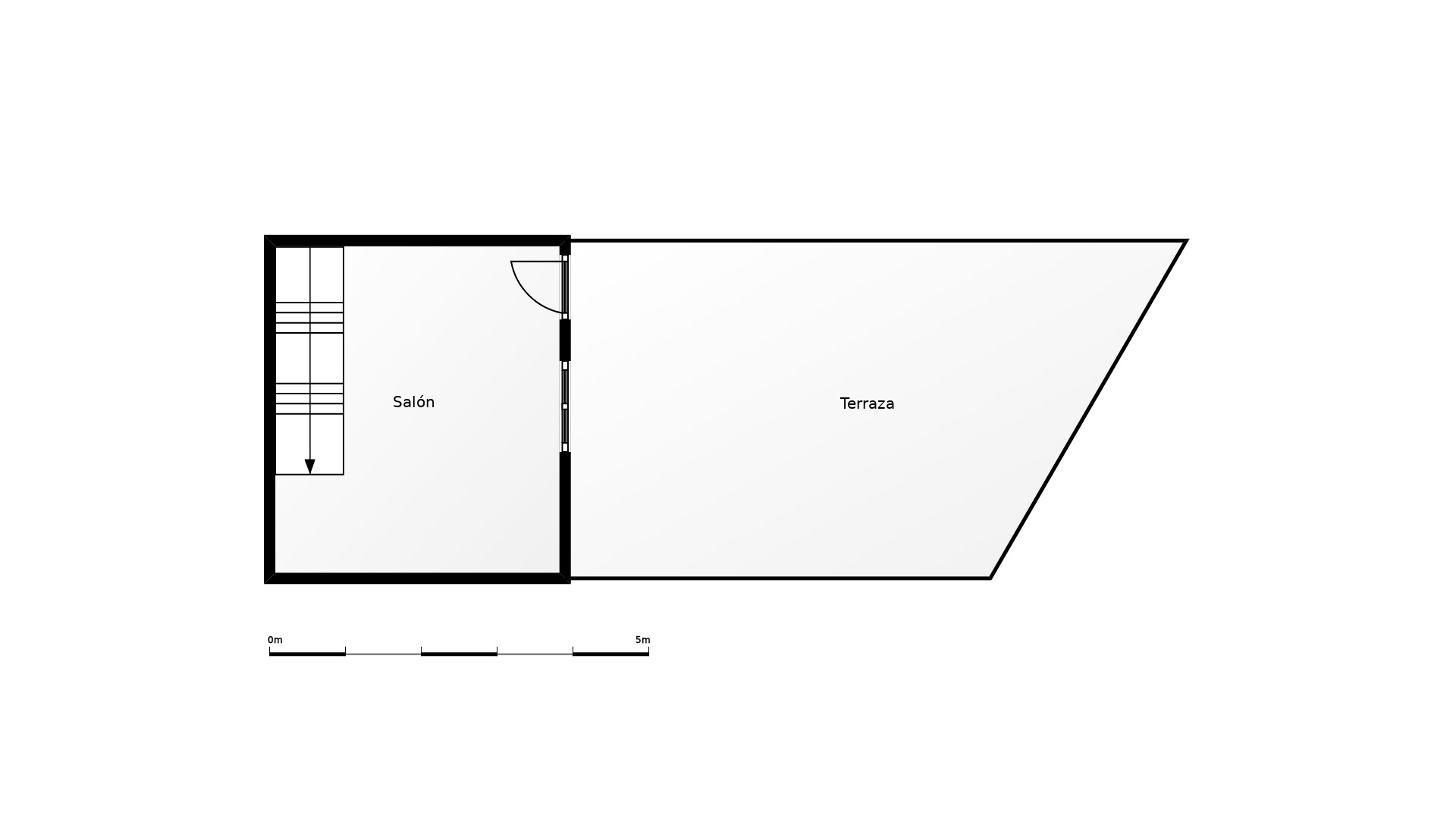 Plan d'étage détaillé du niveau supérieur présentant la disposition du salon avec escalier et un accès direct à une vaste terrasse.