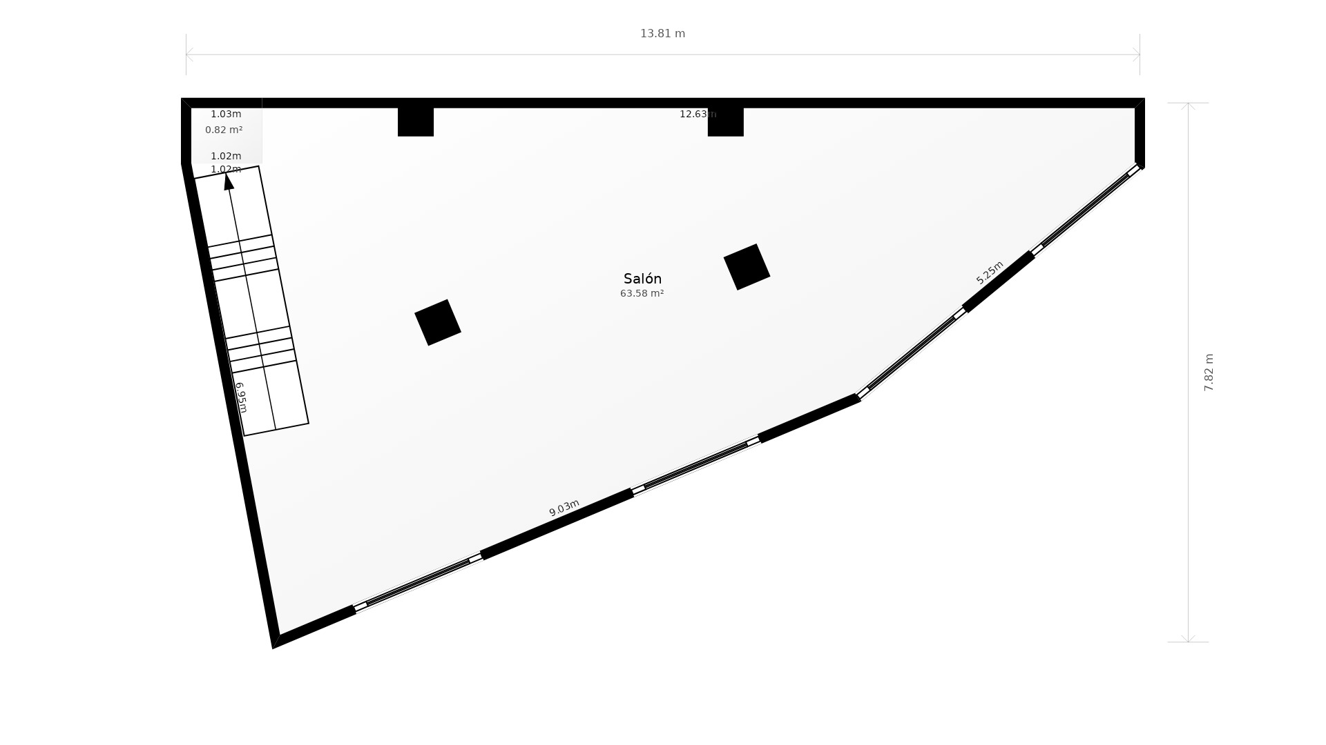Plan détaillé du salon de 63,58 m², présentant un agencement irrégulier avec piliers structurels, accès par escalier et larges baies vitrées.