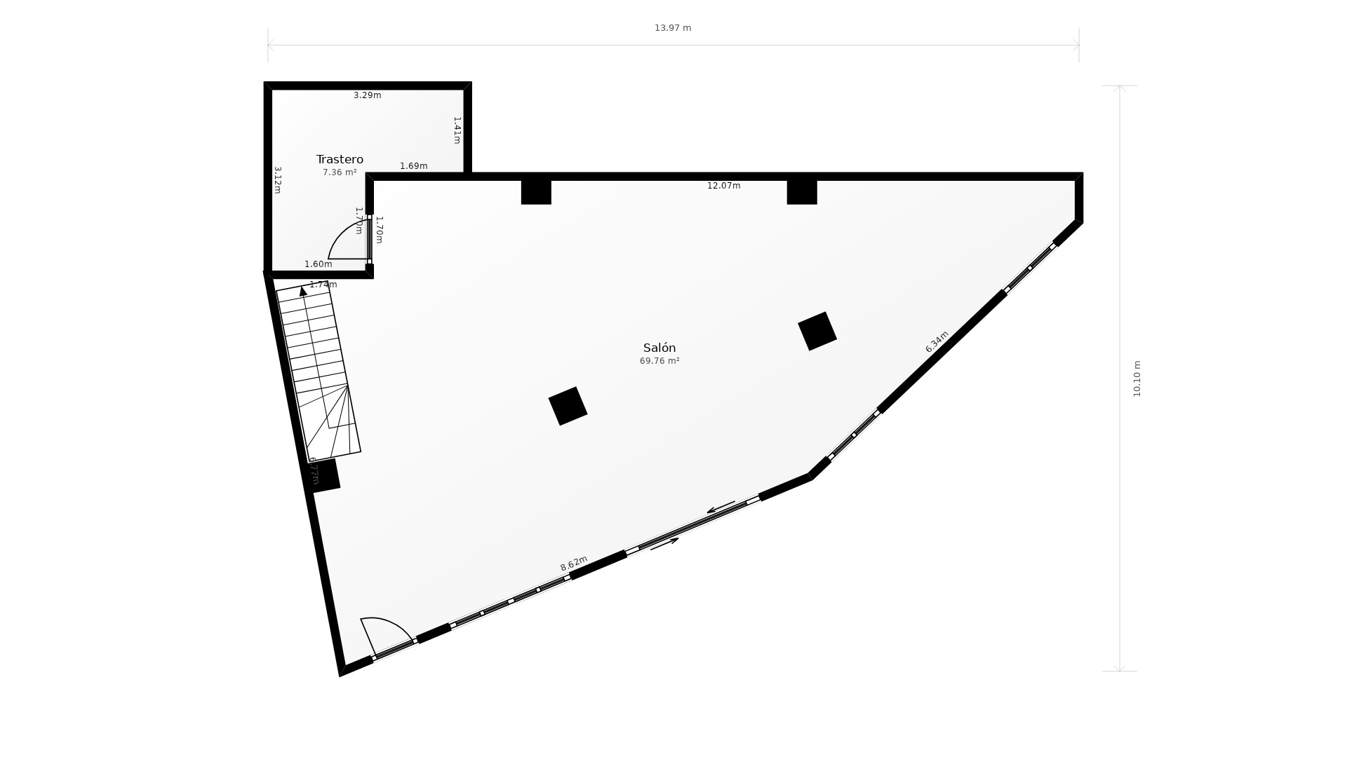 Plan technique détaillé du niveau principal comprenant un salon de 69,76 m², un débarras de 7,36 m² et l'emplacement précis de l'escalier d'accès.