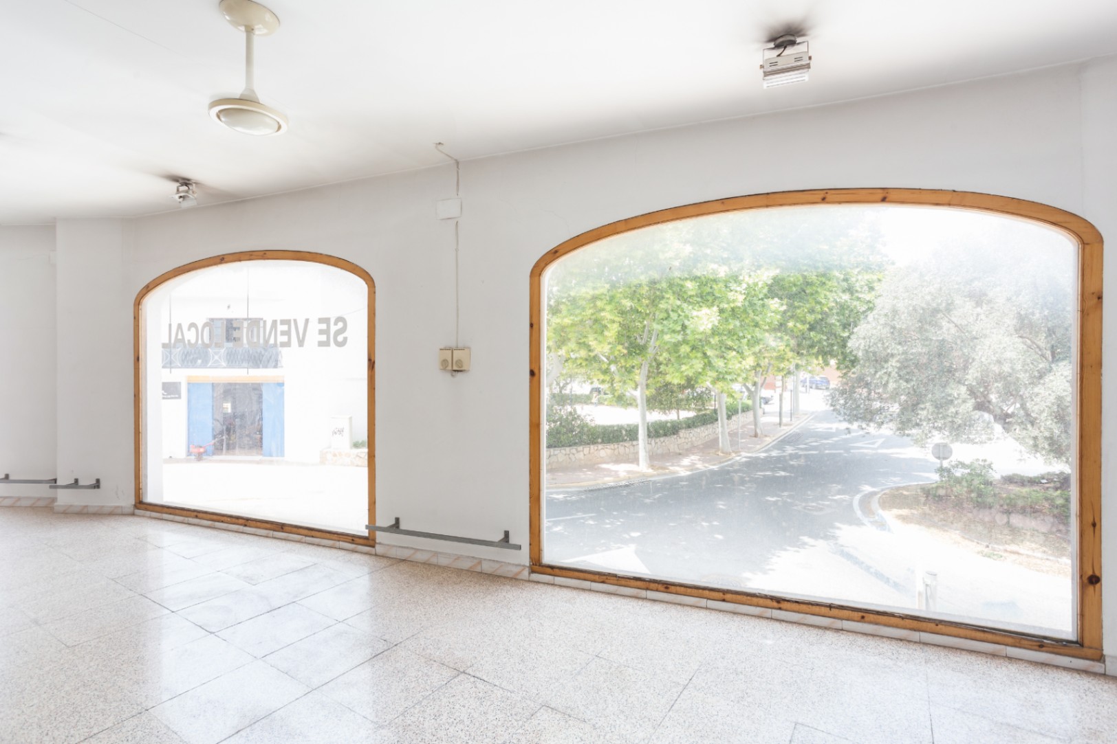 Rez-de-chaussée lumineux avec de grandes fenêtres cintrées en bois. L'espace dispose d'un sol en terrazzo et offre une vue dégagée sur l'avenue bordée d'arbres.