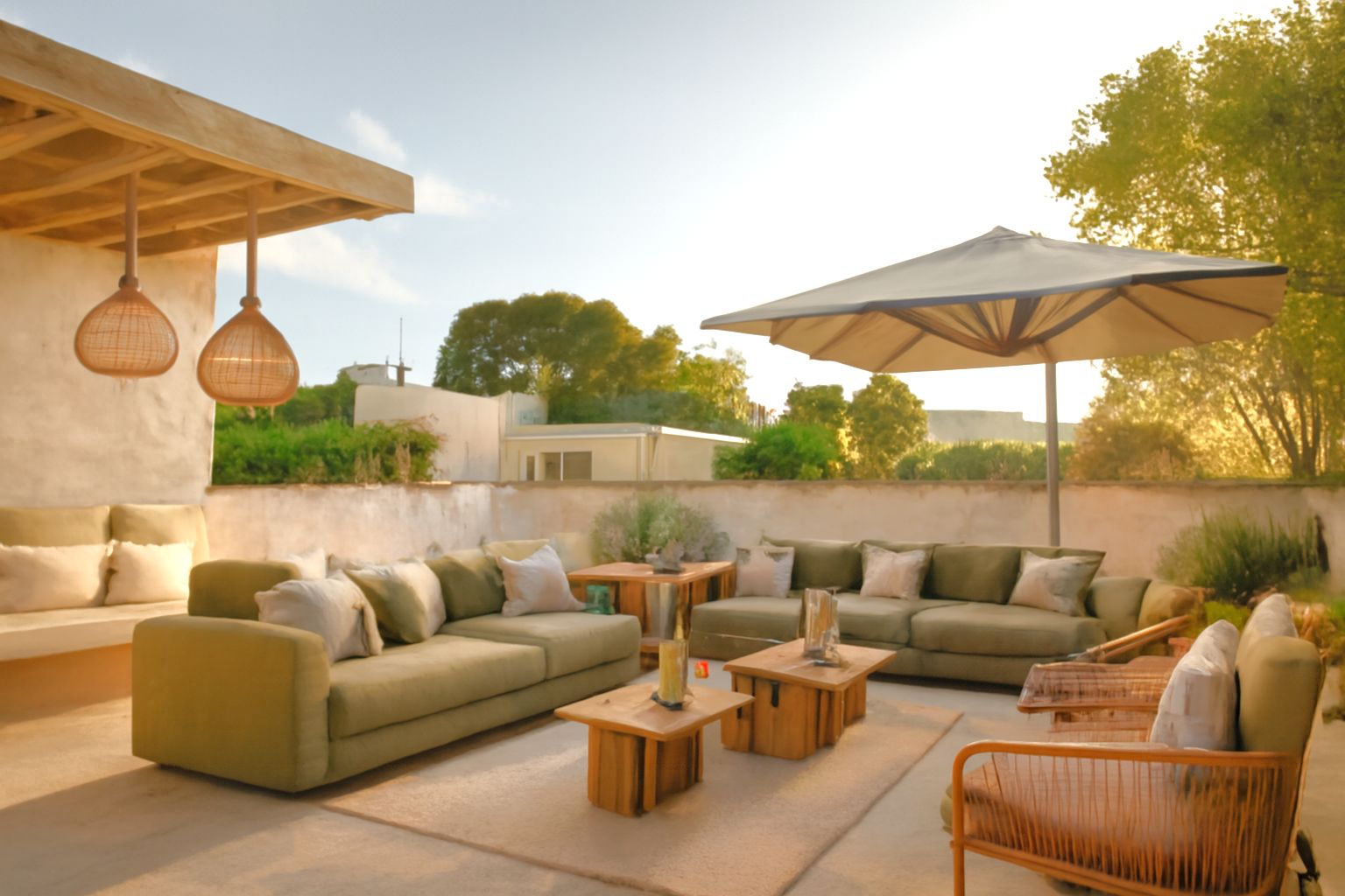 Terrasse supérieure avec espace chill-out, canapés vert olive, tables en bois naturel et suspensions en osier sous une pergola en bois rustique.