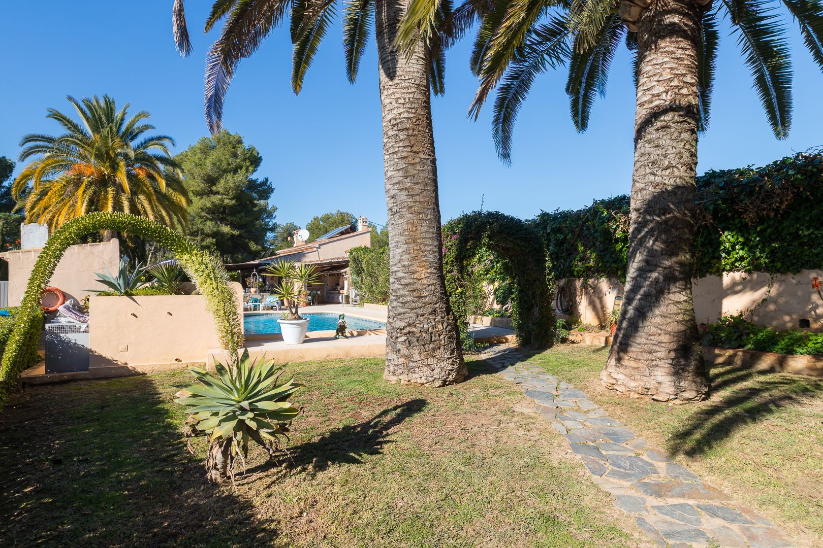 Jardin méditerranéen avec de grands palmiers, un chemin en dalles de pierre et une vue sur la piscine et la maison.