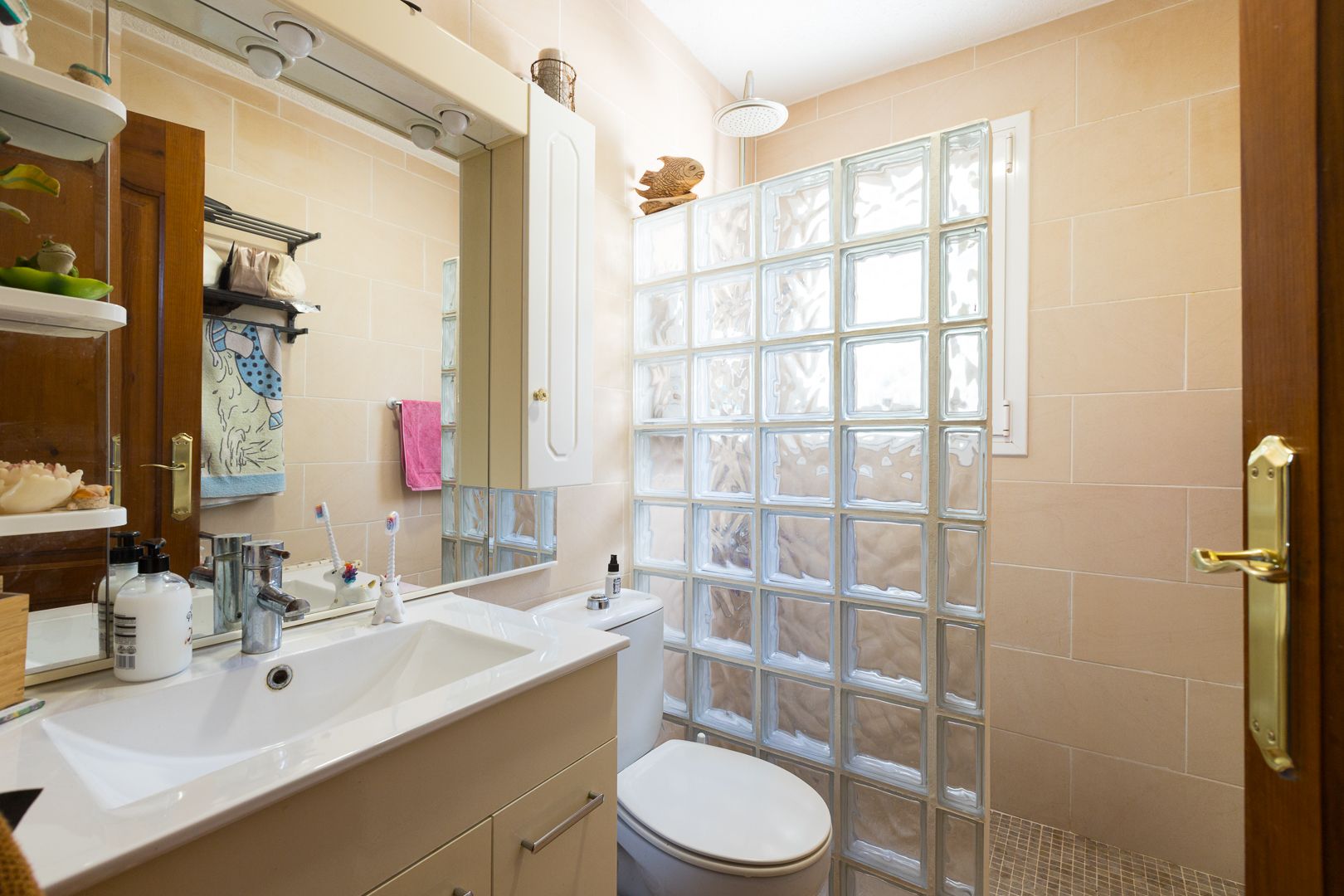 Salle de bains fonctionnelle avec meuble vasque, grand miroir et douche à l'italienne séparée par une paroi en briques de verre laissant passer la lumière naturelle.