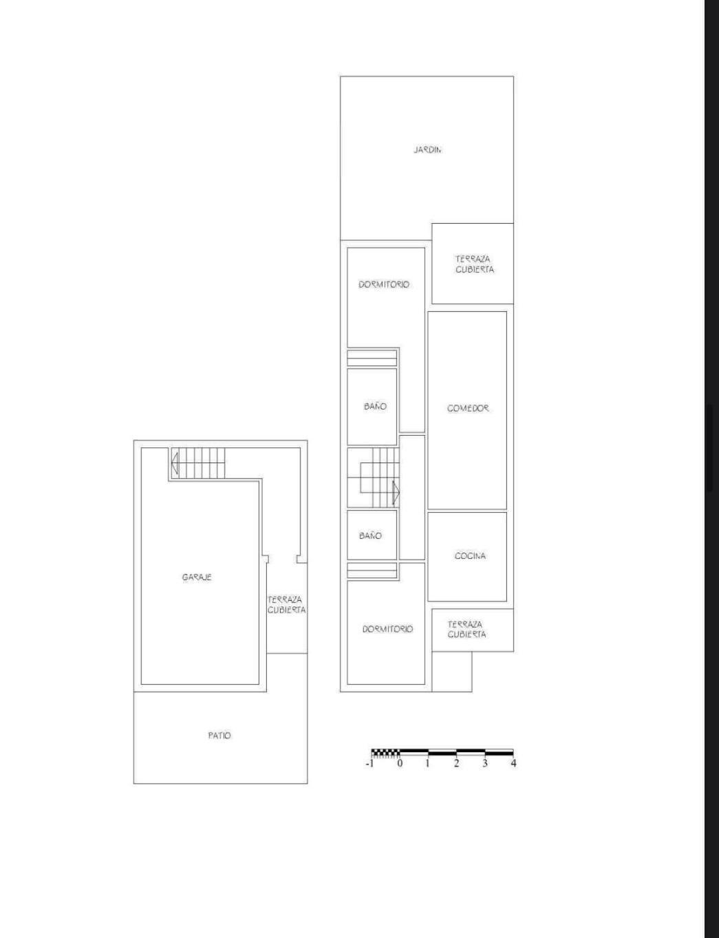 Plan d'architecte détaillé montrant la disposition du garage, des deux chambres, des deux salles de bains, de la cuisine ouverte et du jardin privé.