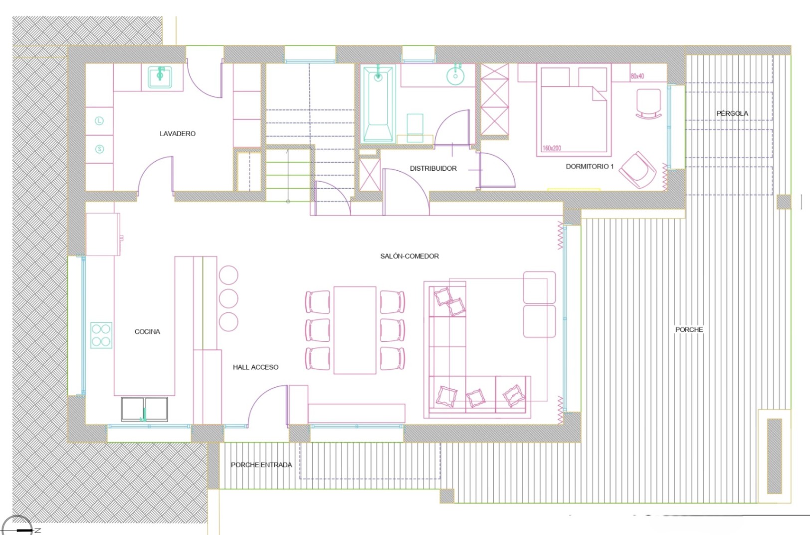 Plan technique du rez-de-chaussée présentant un séjour-salle à manger ouvert, une cuisine, une buanderie, une chambre et une grande terrasse couverte avec pergola.